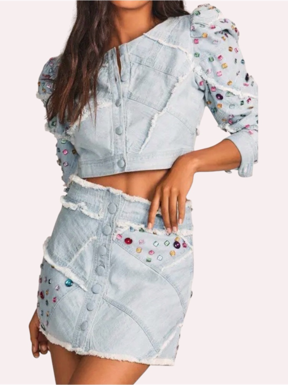 Love Shack Fancy - Cayde Mini Skirt In Washed Denim Multicolor Jewels Size XS